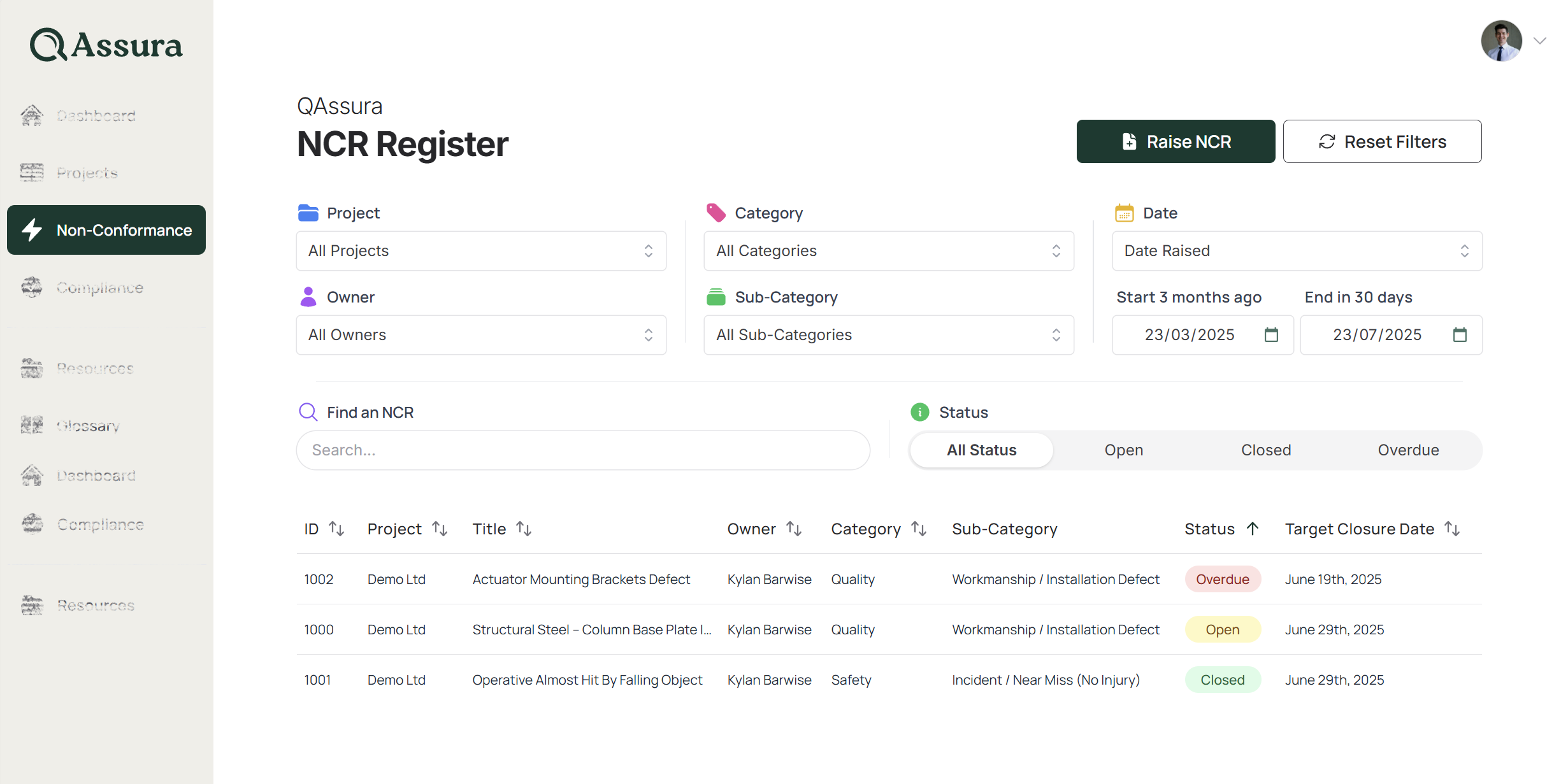 Inspection checklist showing defects, risks, and compliance